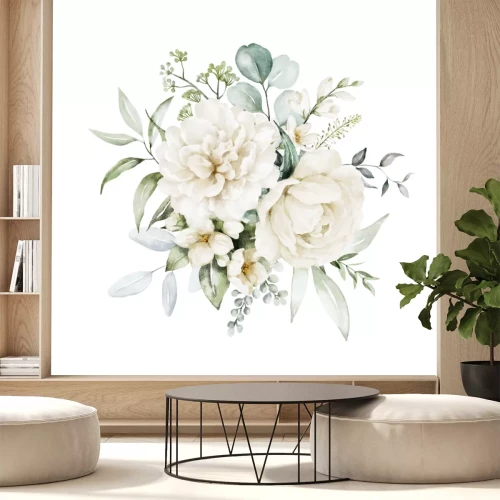 Sticker Watercolor floral illustration bouquet - white flowers, rose, peony, green and gold leaf branches collection. Wedding stationary, greetings, wallpapers, fashion, background. Eucalyptus, olive, leaves.