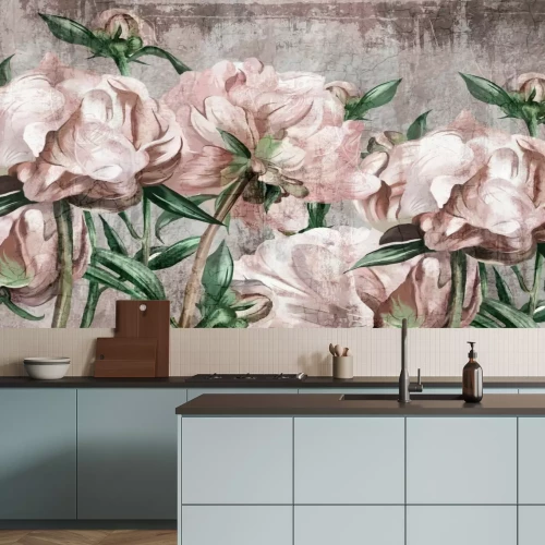 Fototapete Rosa Pfingstrosen, Blumen und grüne Blätter auf Beton