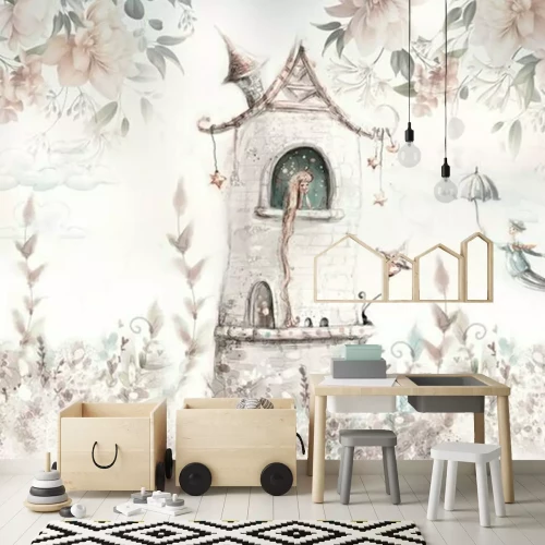 Fototapete Princess in the tower with floral background. Wallpaper for kids. Mural, art backgronud. 