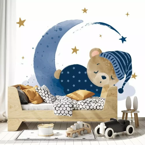 Sticker Watercolor hand draw illustration brown teddy bear sleeping on the moon; greeting cards, invitations, baby shower, posters; with white isolated background