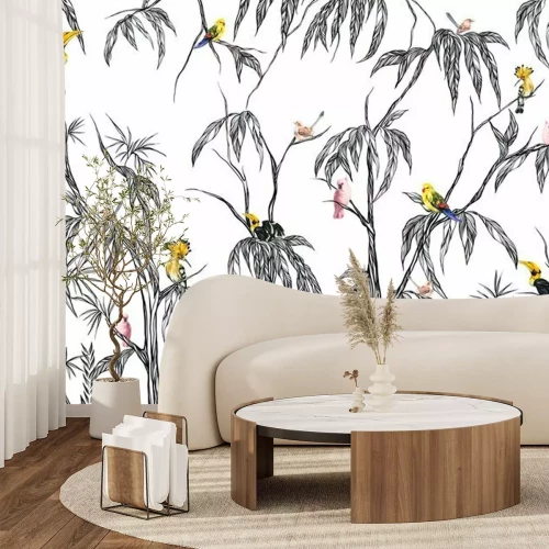 Fototapete Gelbe Vögel im Dickicht