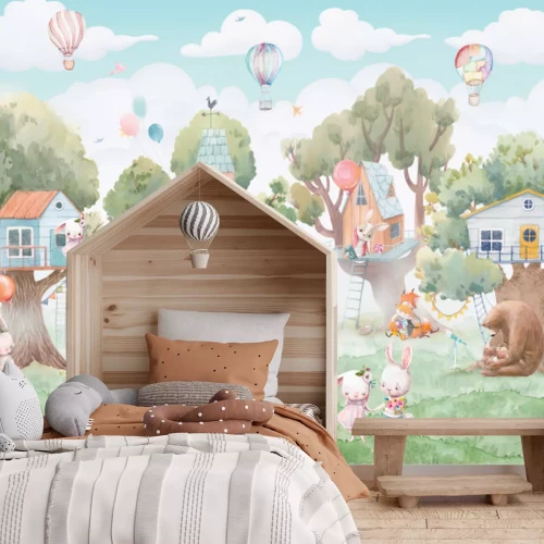 Fototapete Childish watercolor illustration with animals and balloons. Can be used for wallpapers, postcards,