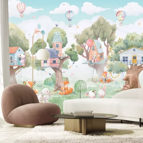 Fototapete Childish watercolor illustration with animals and balloons. Can be used for wallpapers, postcards,