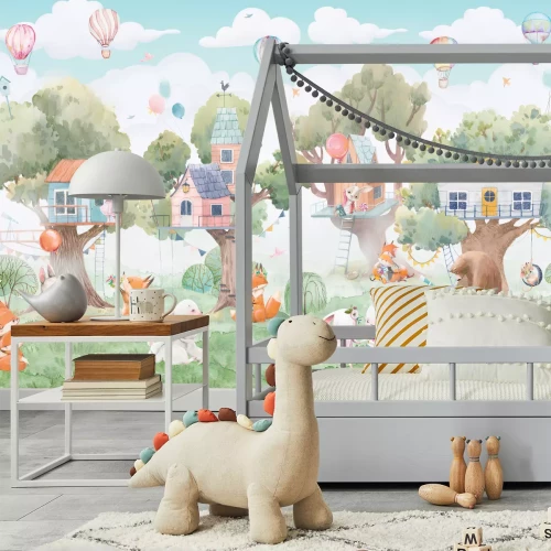 Fototapete Childish watercolor illustration with animals and balloons. Can be used for wallpapers, postcards,