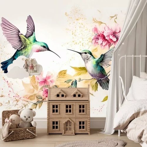 Fototapete Watercolor painting of colibri birds, pink flowers and leaves on white background. Digital printable artwork. Generative ai.