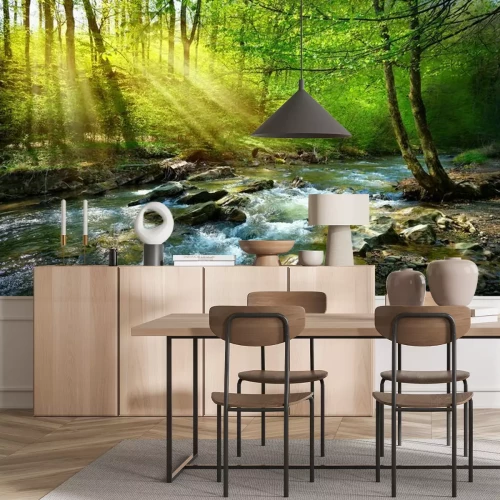 Fototapete Bach in einem Frühlingswald am Morgen