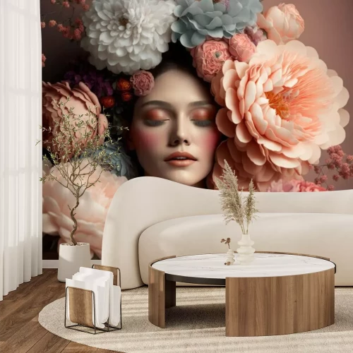 Fototapete Abstraktes Porträt einer Frau mit Blumenkopf