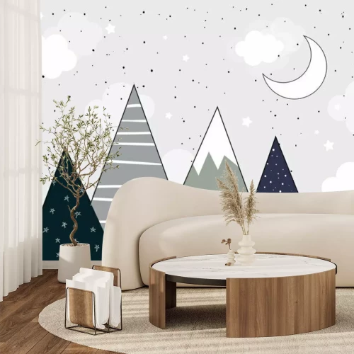 Fototapete Berge bei Nacht mit Mond und Sternen skandinavischer Stil