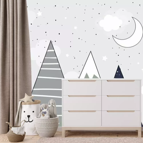 Fototapete Berge bei Nacht mit Mond und Sternen skandinavischer Stil