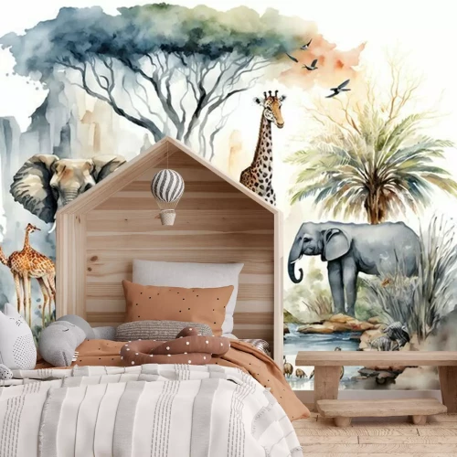 Fototapete Illustration von Tieren und tropischen Bäumen Aquarell