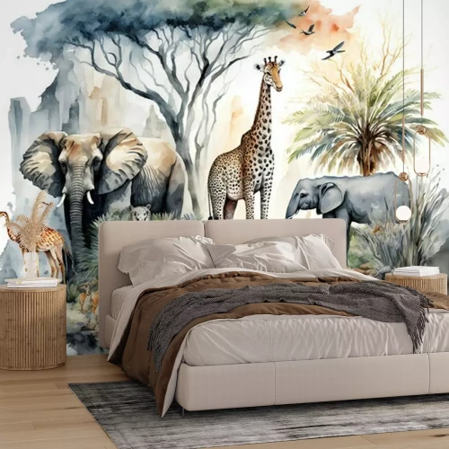 Fototapete Illustration von Tieren und tropischen Bäumen Aquarell