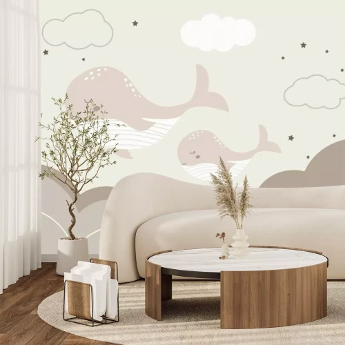 Fototapete Wale am Himmel mit Sternen und Wolken märchenhaftes Muster