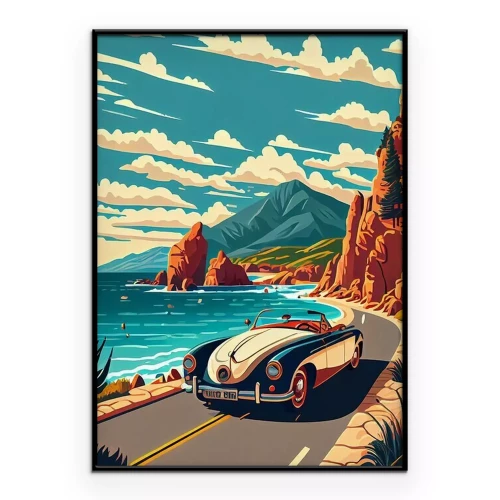 Poster Retro-Cartoon-Auto auf einer Küstenstraße