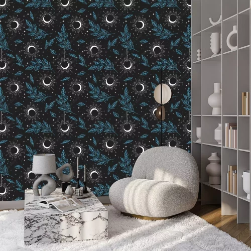 Tapete Halbmonde und türkisfarbene Zweige