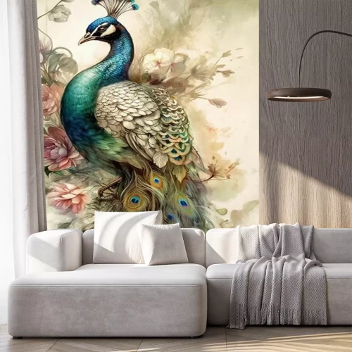 Sticker Majestätischer Pfau zwischen Blumen