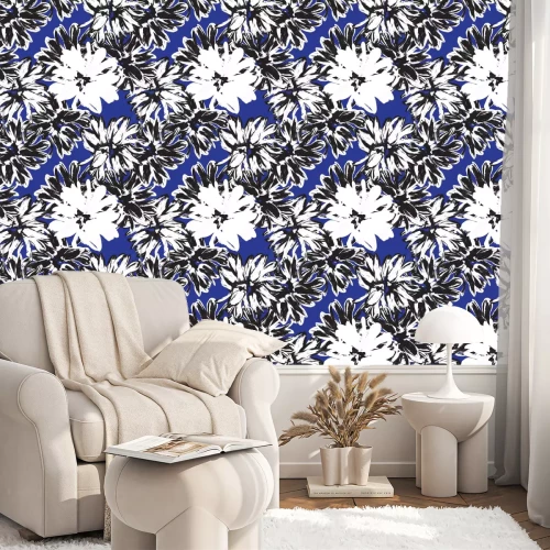 Tapete Große Blumen auf blauem Hintergrund