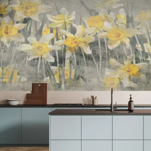 Fototapete Frühlingsgelbe Blumen auf einem Betonhintergrund