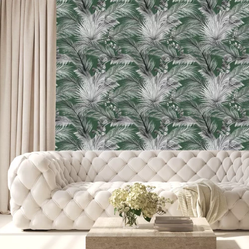 Tapete Blätter und Gras auf grünem Hintergrund