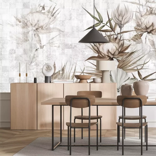 Fototapete Exotische Blumen auf einem Hintergrund mit subtilen Ornamenten