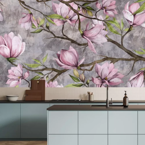 Fototapete magnolia branch on a textured background, pastel colors and black accents, photo wallpaper in a room or home interior