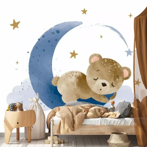 Sticker Watercolor hand draw illustration brown teddy bear sleeping on the moon; greeting cards, invitations, baby shower, posters; with white isolated background