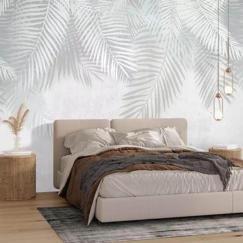 Fototapete Grau-weiße tropische Blätter auf Betongrund