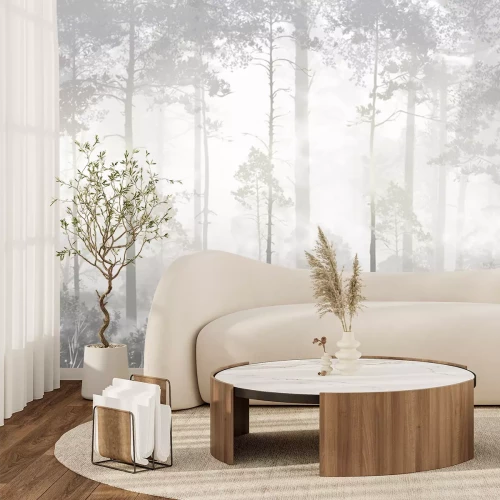 Sticker Bäume im Nebel des Morgenwaldes