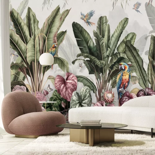 Fototapete Wallpaper Prints - Tropical Banana Palms In Landscape With Macaws And Butterflies Painted Vintage Style With white Background