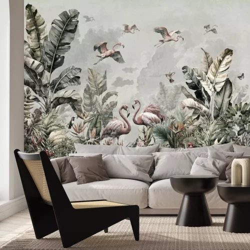 Fototapete Retro- mit Flamingos vor einem Dschungelhintergrund