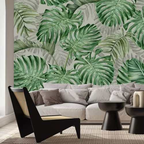 Fototapete Große Monstera-Blätter auf grauem Hintergrund