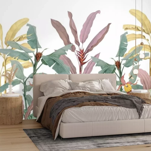 Fototapete Bunte tropische Pflanzen auf weißem Hintergrund