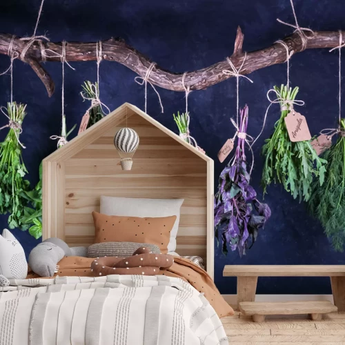 Fototapete Kräutersträuße hängen an einem Zweig