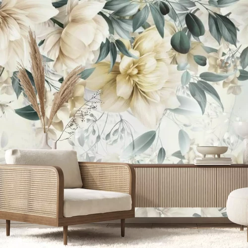 Fototapete Gelbe Blumen zwischen grünen Blättern