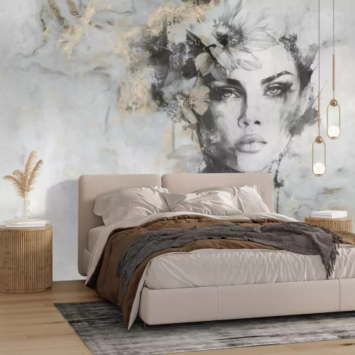 Fototapete Schönes Porträt einer Frau auf Beton mit goldenen Elementen