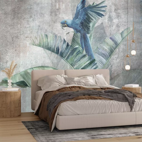 Fototapete Parrot on big banana leaves. Grunge photo wallpaper with abstract elements . for wallpaper, fresco, mural, poster, card.