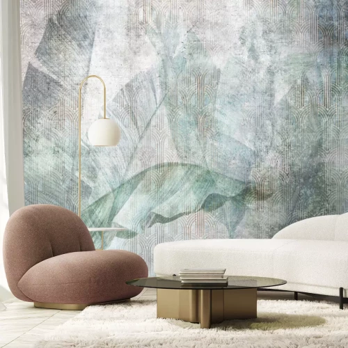 Fototapete Großes Bananenblatt auf einer Grauen Betonwand