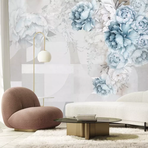 Fototapete Blaue Pfingstrosen und Geometrische Betonwand