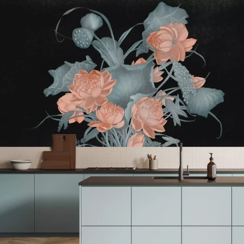 Fototapete Rote Blüten und grüne Blätter auf schwarzem Hintergrund