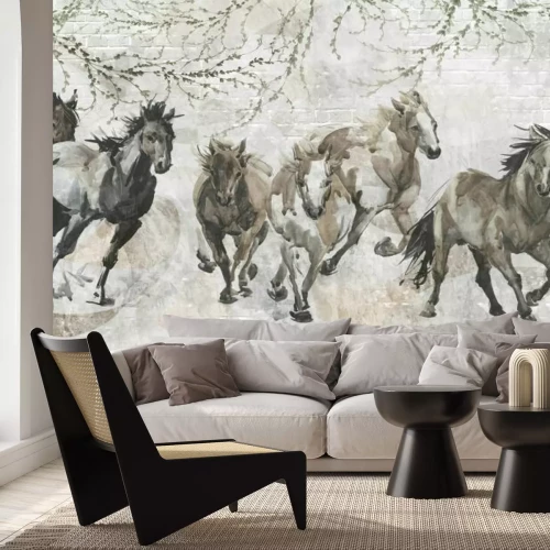 Fototapete Gemalte Pferde auf einer Ziegelwand