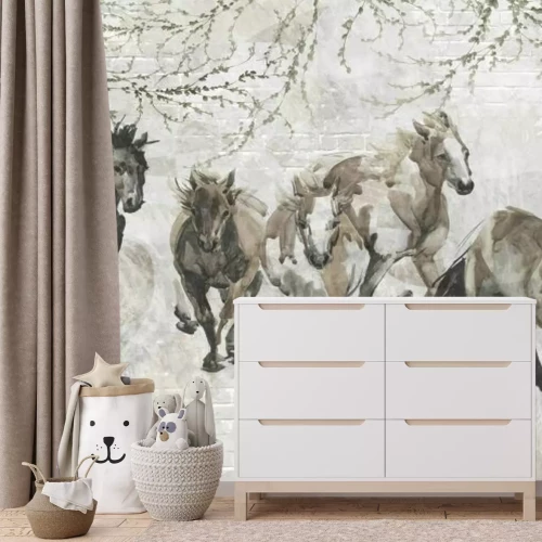 Fototapete Gemalte Pferde auf einer Ziegelwand