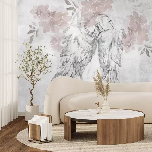 Fototapete Künstlerische Engel-Frau mit Aquarellblumen und Textur im Hintergrund