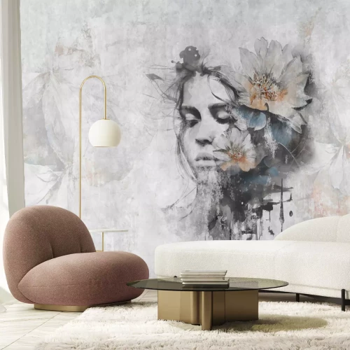 Fototapete Frau mit einer Blume auf dem Kopf vor grauer Wand