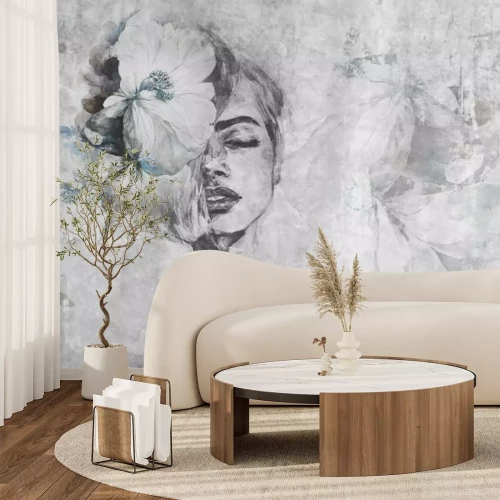 Fototapete Porträt einer Frau im künstlerischen Stil mit Blumen