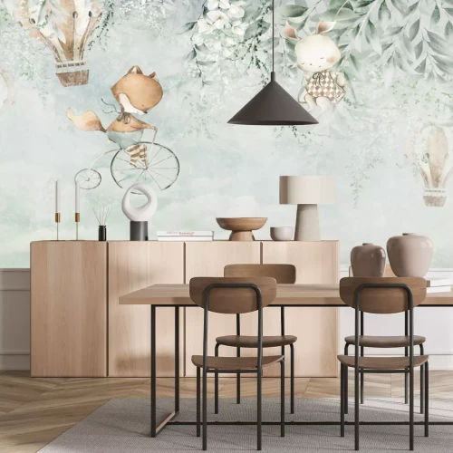 Fototapete Kindermuster mit Tieren und Ballons im Aquarellstil