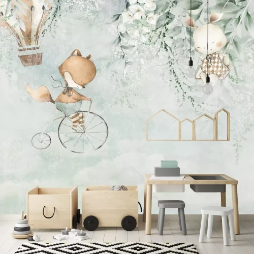 Fototapete Kindermuster mit Tieren und Ballons im Aquarellstil