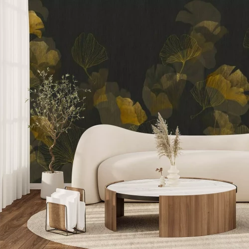 Fototapete Ginkgo-Blätter auf dunklem Hintergrund