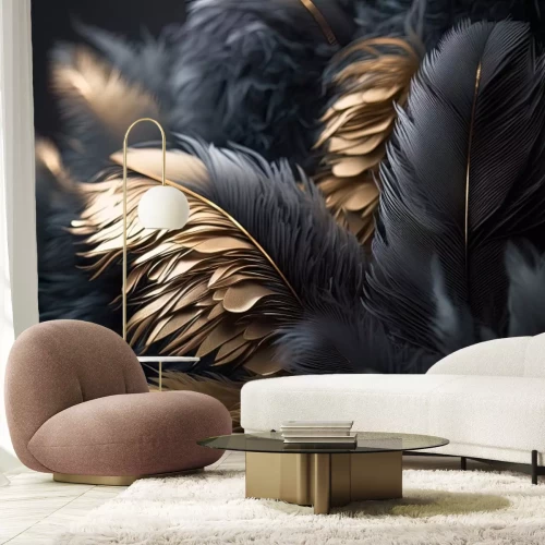 Fototapete Abstrakte schwarze und goldene 3D-Federn