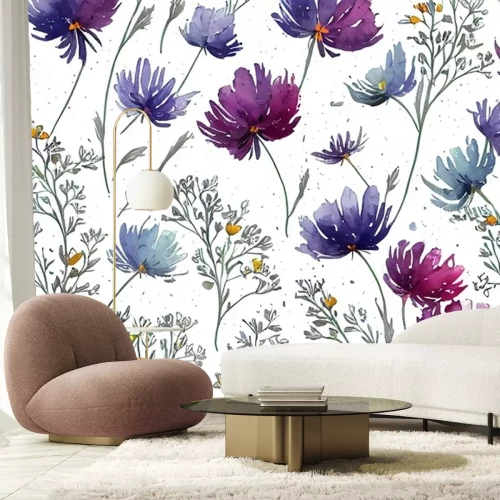 Fototapete Blumenmuster im Aquarellstil auf weißem Hintergrund