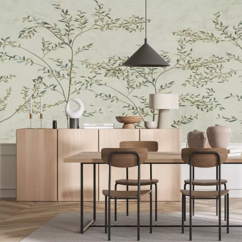 Fototapete Minimalistic art background with hand drawn forest or garden trees. Botanical banner in scandinavian style for wallpaper design, print, textile, interior design, poster, packaging.