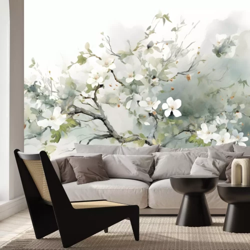 Fototapete Weiße Kirschblüten an einem Zweig
